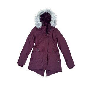 Hollister Womens Maroon Parka Coat With Faux Fur Hood XXS